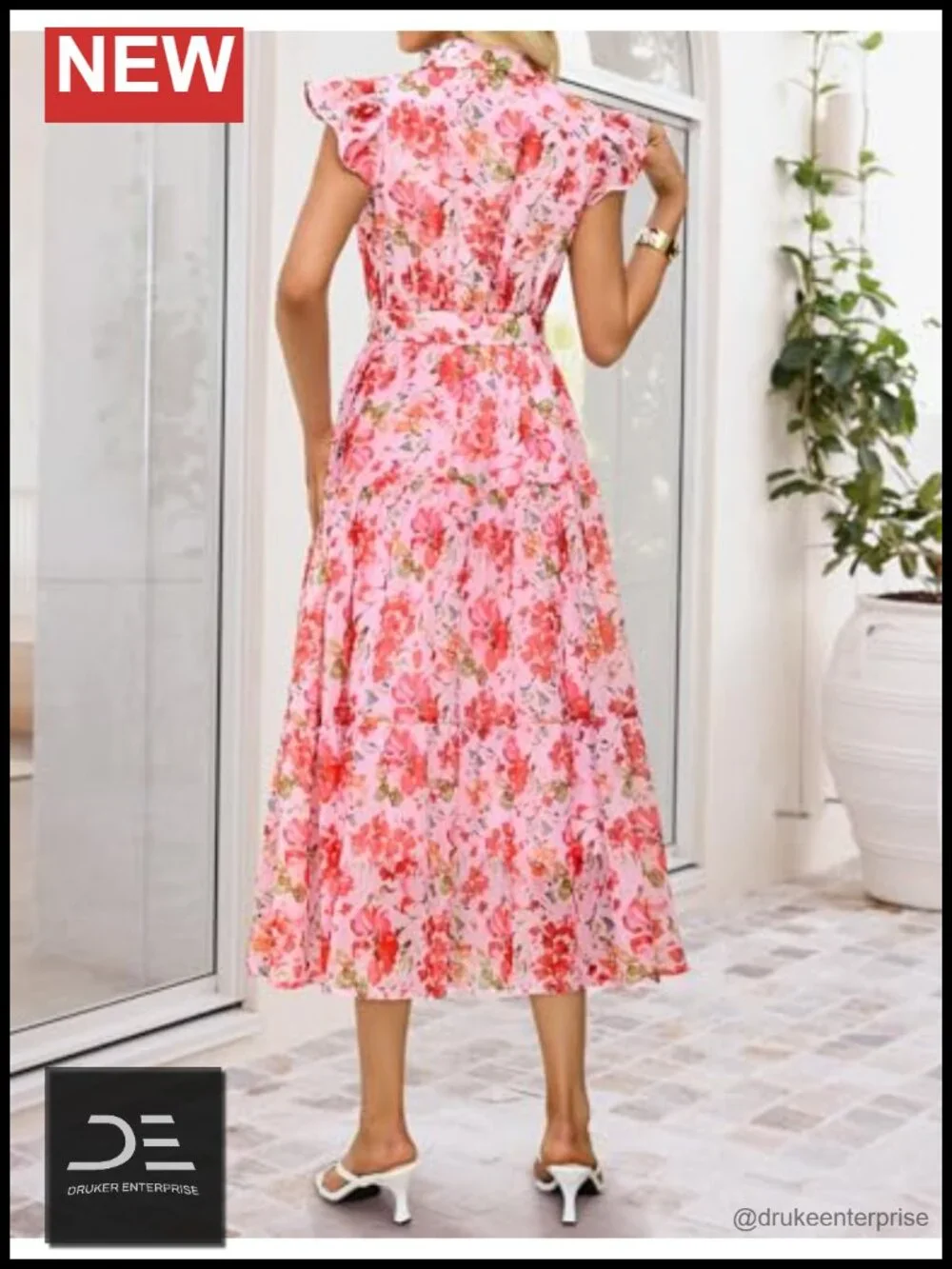 Floral Flutter Short Sleeve Chiffon Midi Dress with Belt